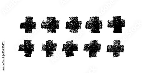 Black cross symbols drawn in charcoal. Hand drawn cross marks set isolated on white background. Vector charcoal geometric elements with black dry texture and rough edges. Grunge clip arts collection.