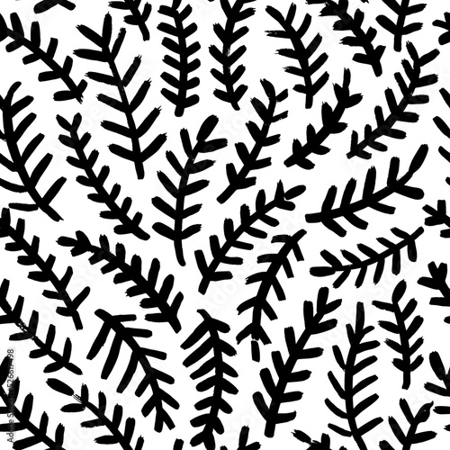 Fototapeta Naklejka Na Ścianę i Meble -  Fir tree branch seamless pattern. Hand drawn winter background with simple spruce branches in naive art style. Vector black holiday symbols. Winter plants for Christmas decoration, wrapping paper.