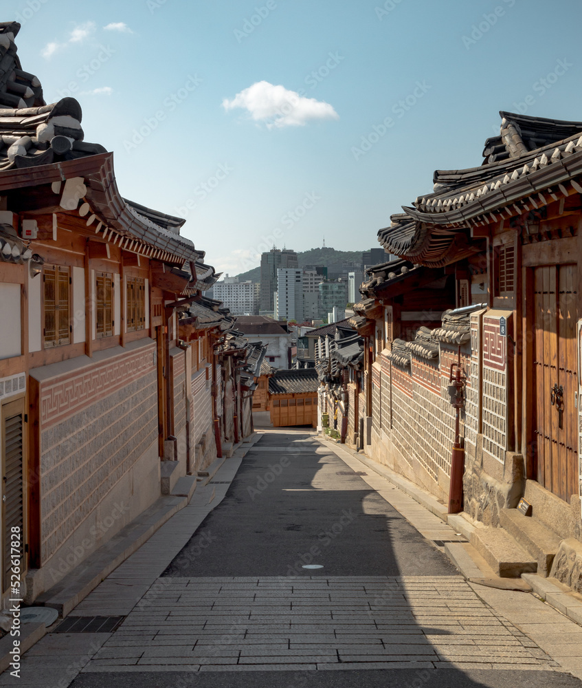 Fototapeta premium Traditional Korean architecture design buildings at the Bukchon Hanok Village in Seoul South Korea