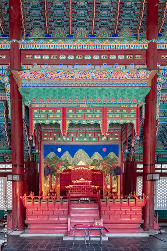 Colorful Korean artwork design in the kinds throne room at Gyeongbokgung Palace Seoul South Korea