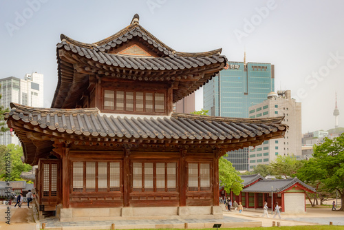 Traditional Korean brown wood building at the Deoksugung Palace in Seoul South Korea
