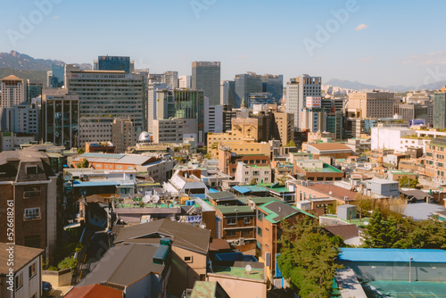 Photography City building skyline view of downtown Seoul South Korea from Namsan tower