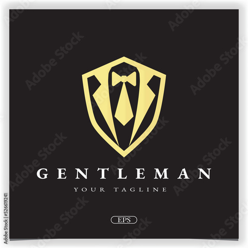 GOLD SHIELD Bow tie tuxedo suit gentleman fashion tailor clothes vintage classic logo premium elegant template vector eps 10