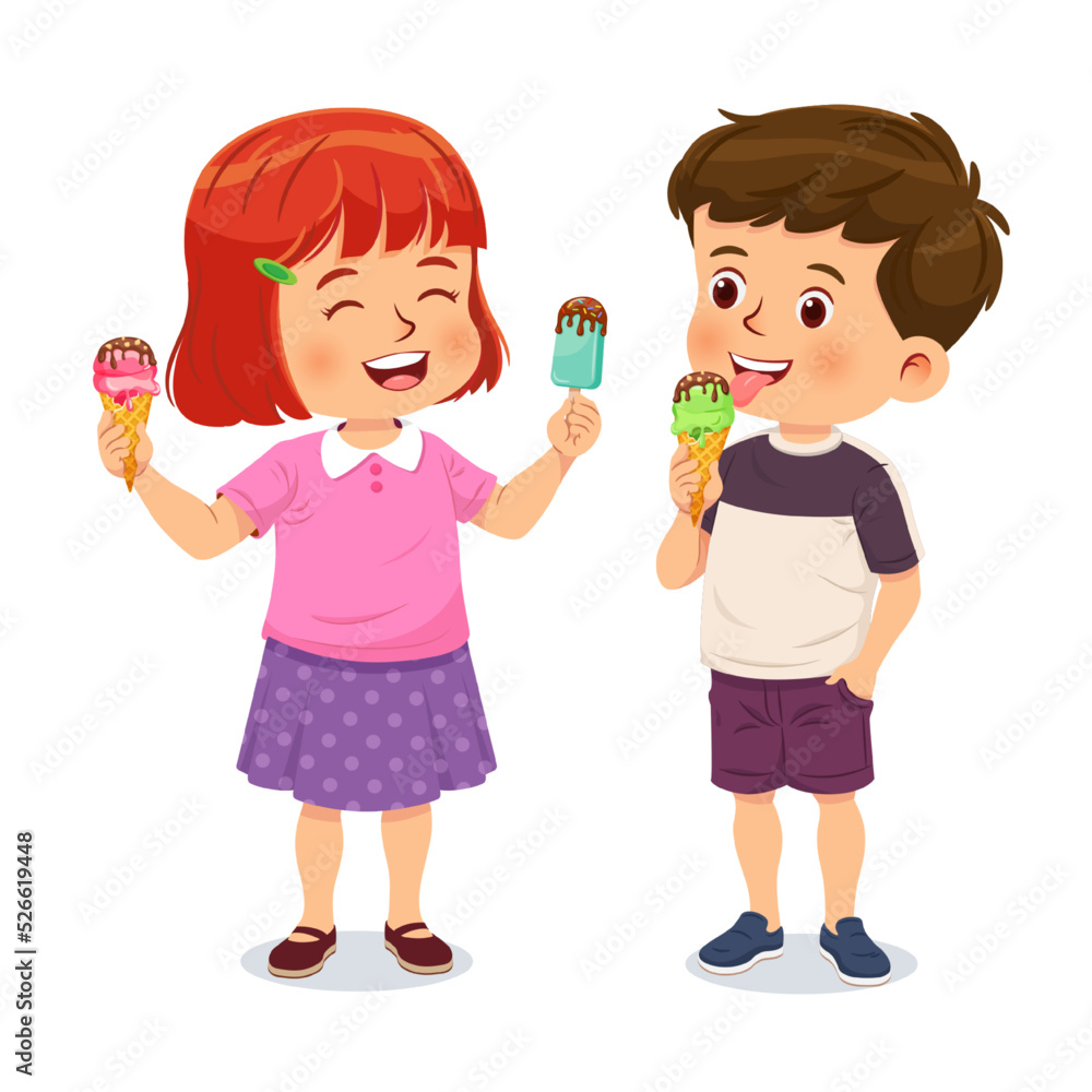 Cute little boy and girl enjoy delicious ice cream while feeling happy. Cartoon character isolated on white background Cute little boy and girl enjoy delicious ice cream while feeling happy. Cartoon character isolated on white background
