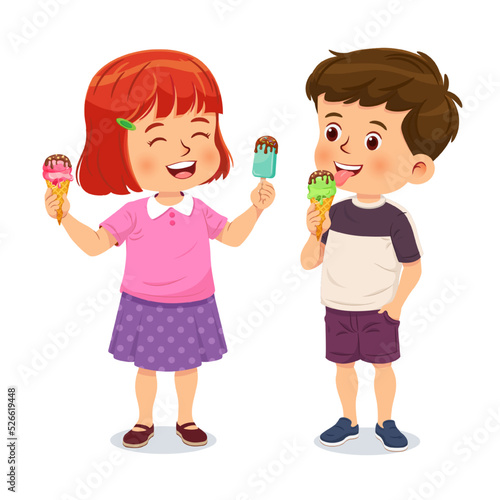 Cute little boy and girl enjoy delicious ice cream while feeling happy. Cartoon character isolated on white background