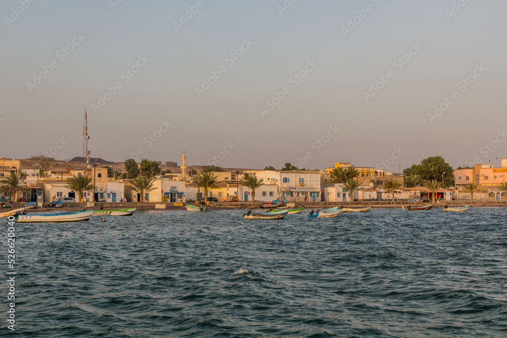 TADJOURA, DJIBOUTI - APRIL 19, 2019: Fishing boats in Tadjoura, Djibouti
