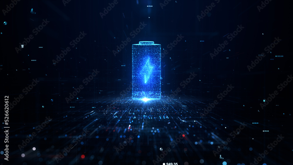 Technology battery high power electric energy, Battery to electric cars and mobile devices with clean electric, Green renewable energy battery storage future, Technology digital abstract background - obrazy, fototapety, plakaty 