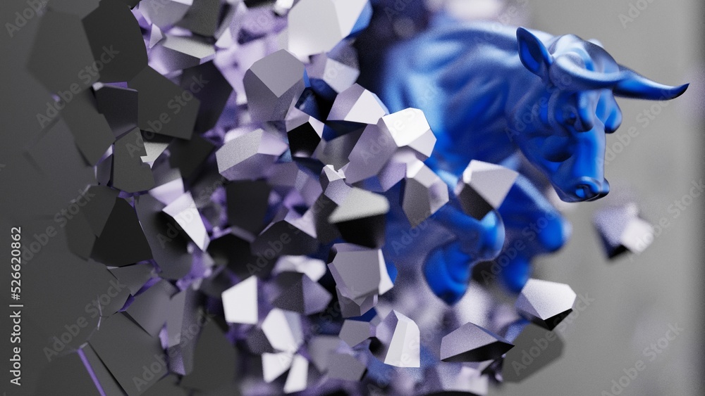 Naklejka premium One charging blue bull destroys the black-purple wall with particles in dramatic contrasting light representing financial market trends under black-white background. Concept 3D CG of stock market.