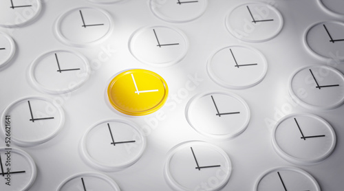Quadro em tela Standout On Time Concept Yellow Clock Between White Clock 3D Render