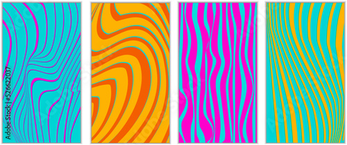 Set of card templates in psychedelic retro style 1960. Abstract acid streaks on a colored background. Vector illustration. For use in packaging, flyers and invitations, brochures and covers, themed