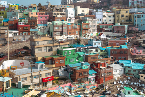 Colorful city village houses view of Gamcheon Cultural Village and mountains in Busan South Korea © Jacki