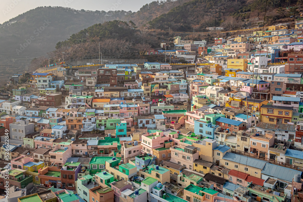 Colorful city village houses view of Gamcheon Cultural Village and mountains in Busan South Korea