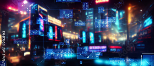Future city and digital data concept. Wide image for banners, advertisements. 