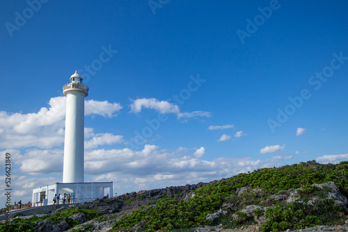 White lighthouse on the coast of the sea, Zanpa Cliff, Okinawa Island, Japan