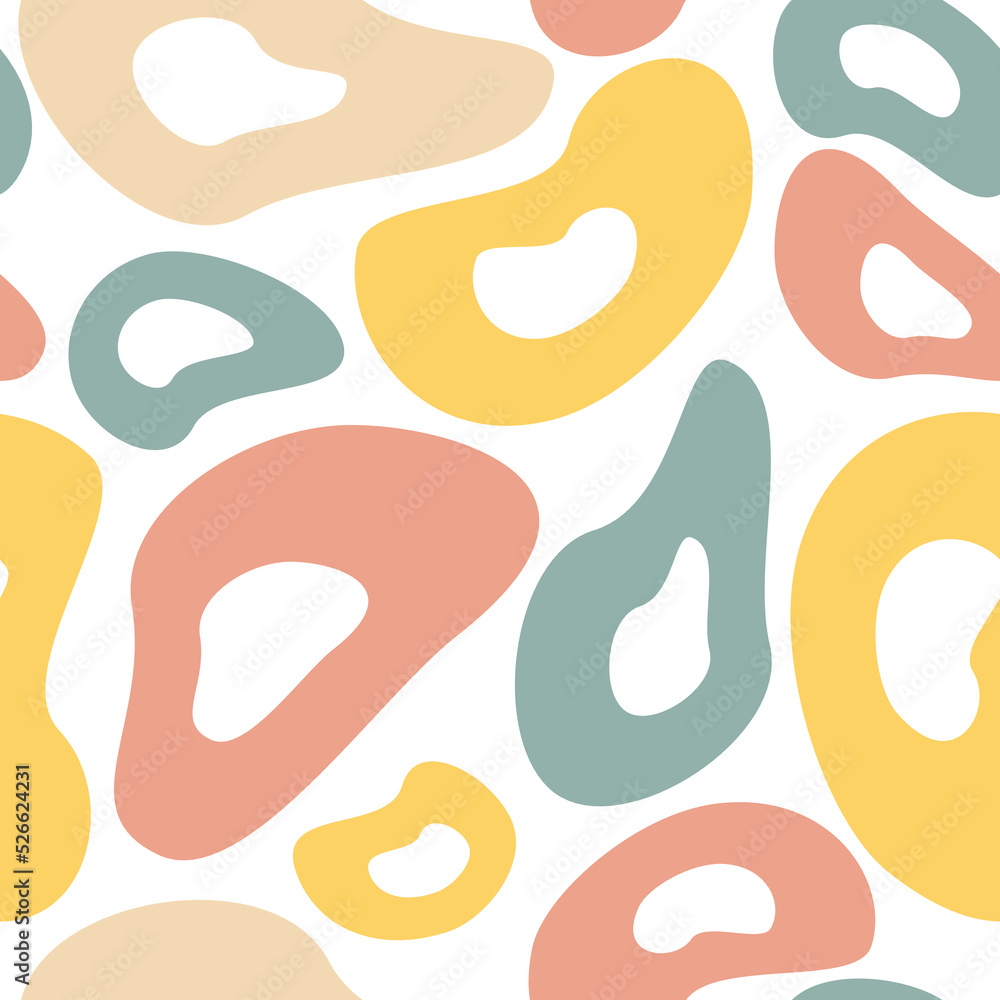 Retro Yellow, Blue, Pink, and Tan Abstract Shapes Textiles for Fashion Seamless Repeat Pattern Design on White Background 