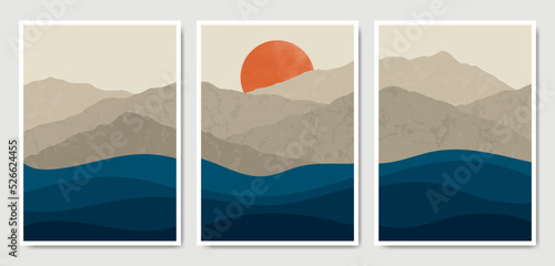 Abstract Contemporary mid century modern landscape boho poster template. Aesthetic Modern Art Minimal mountain compositions for postcard, cover, wallpaper, wall art, home decor.