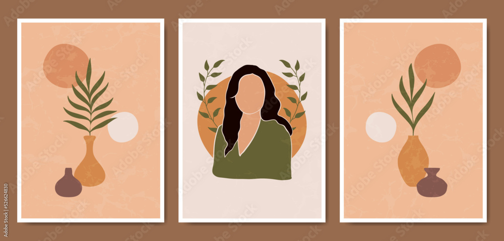 Abstract Contemporary mid century modern leaves face portraits boho poster template. Aesthetic Modern Art Minimal shape compositions for postcard, cover, wallpaper, wall art, home decor. Abstract Contemporary mid century modern leaves face portraits boho poster template. Aesthetic Modern Art Minimal shape compositions for postcard, cover, wallpaper, wall art, home decor.