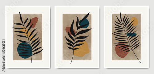 Abstract Contemporary mid century modern Floral leaves boho poster template. Aesthetic Modern Art Minimal and natural flower compositions for postcard cover wallpaper wall art home decor