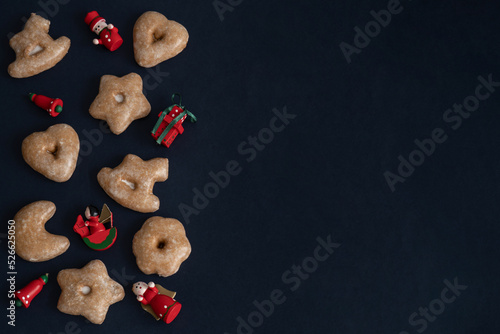 Assortment of Nuremberg Christmas Cookies on a Dark Background from Above with Selective Focus and Copy Space