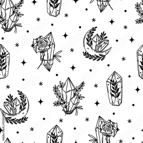 Magic crystal seamless vector pattern. Celestial quartz, flower, crescent moon, stars. Prism isolated on white. Black outline, sketch. Boho background for wrapping, textiles, wallpapers, cosmetics