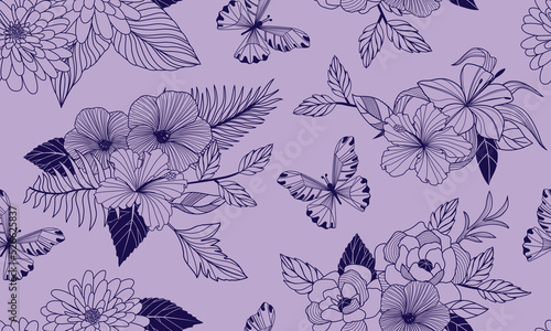 Seamless floral pattern design with butterfly element. Tileable illustration for t-shirt print, backpack, bedding, invitation card, scrapbook, packaging, clothes, bags, wallpaper, wrapping paper
