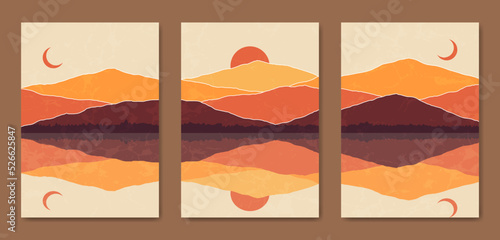 Abstract Contemporary mid century modern landscape boho poster template. Aesthetic Modern Art Minimal mountain compositions for postcard, cover, wallpaper, wall art, home decor.