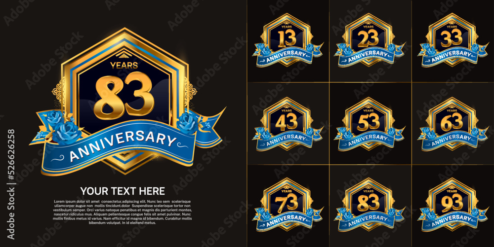 set of anniversary golden color with blue ribbon for celebration event set of anniversary golden color with blue ribbon for celebration event
