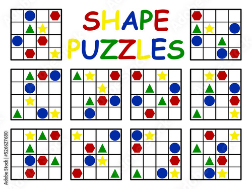 Shape puzzles big set for beginners vector illustration. Ten colorful sudoku games four by four vector. Complete the puzzle by sudoku rules vector