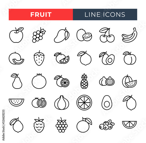 Fresh fruit icons set. Vector line icons.