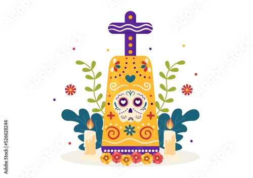 Dia De Los Muertos or Day of the Dead Template Hand Drawn Cartoon Flat Illustration Mexican Holiday Festival with Tattoo Skulls, Maracas and Sombrero