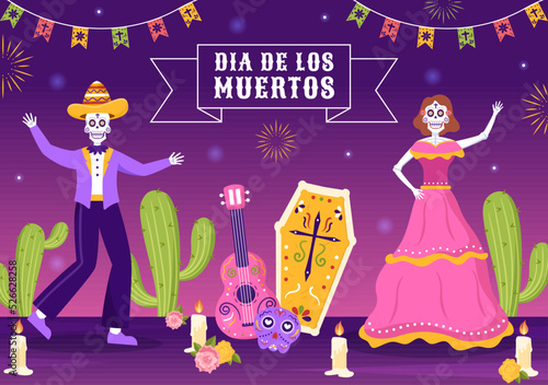 Dia De Los Muertos or Day of the Dead Template Hand Drawn Cartoon Flat Illustration Mexican Holiday Festival with Tattoo Skulls, Maracas and Sombrero