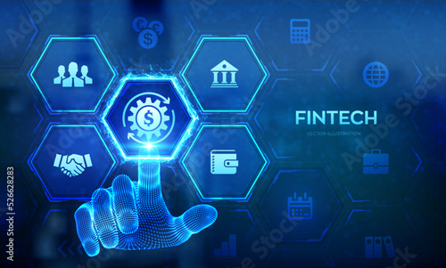 Fintech. Financial technology, online banking and crowdfunding. Business investment banking payment technology concept on virutal screen. Wireframe hand touching digital interface. Vector illustration