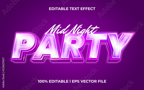 mid night party 3d text effect with glossy theme. stylish text lettering typography font style