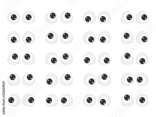 Plastic toy eyes collection. Fun googly doll eyeballs in flat style. Crazy puppet face keekers set on white background, vector illustration