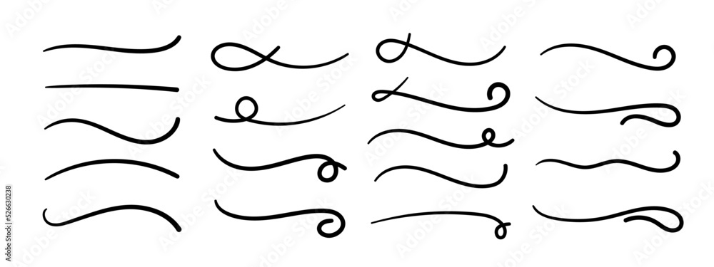 Swish doodle underline set. Hand drawn swoosh elements, calligraphy swirl or sport swoop text tails. Swash decorative strokes on white background, vector illustration Swish doodle underline set. Hand drawn swoosh elements, calligraphy swirl or sport swoop text tails. Swash decorative strokes on white background, vector illustration