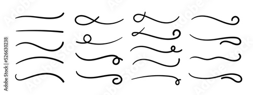 Swish doodle underline set. Hand drawn swoosh elements, calligraphy swirl or sport swoop text tails. Swash decorative strokes on white background, vector illustration