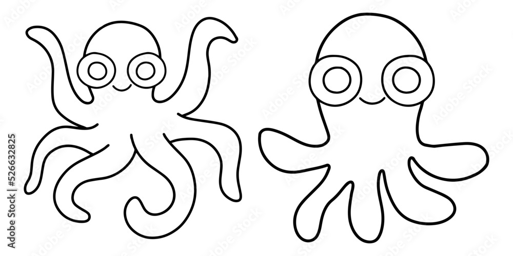 Two hand-drawn cartoon octopuses linear vector illustration. Sea mood coloring page with cute octopods printable page. Black outline isolated on white two little octopuses