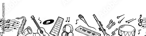 Musical instruments and music for playing live music. Bottom seamless border. Outline hand drawn sketch. Drawing with ink. Isolated on white background. Vector.