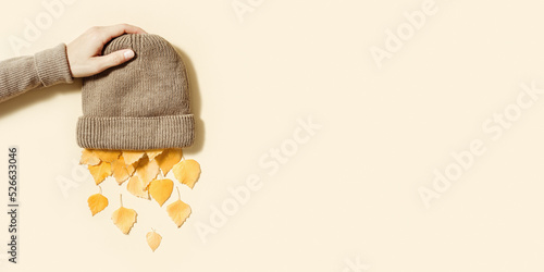 Fotografie Autumn and fall arrive concept, natural leaves falling from knitted hat
