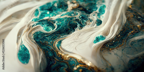 Spectacular image of teal and white liquid ink churning together, with a real...