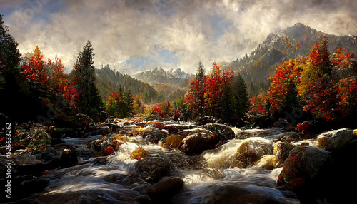 Fotografie, Tablou Spectacular autumnal forest panorama with a mountain range in the distance, bright orange leaves on the forest floor, and a rushing creek bordered by woods
