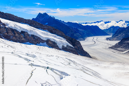 View of Great Aletsch Glacier, the largest glacier in the Alps and UNESCO heritage, in Canton of Valais, Switzerland