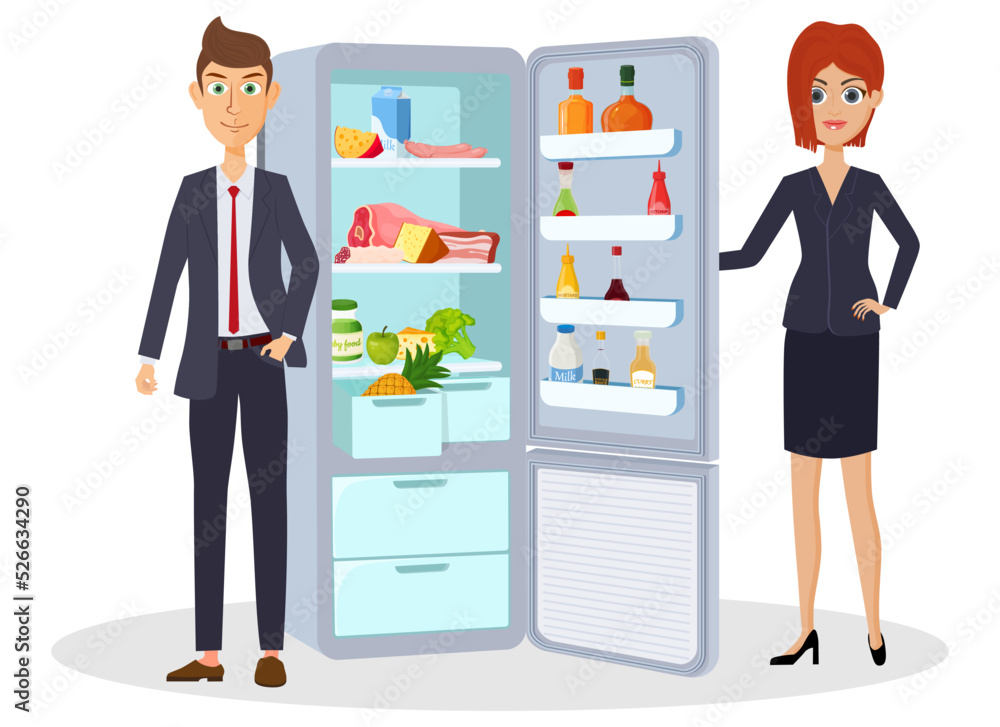 Fototapeta premium A man and a woman are standing near the refrigerator with food.An open refrigerator with food and drinks.Vector illustration.