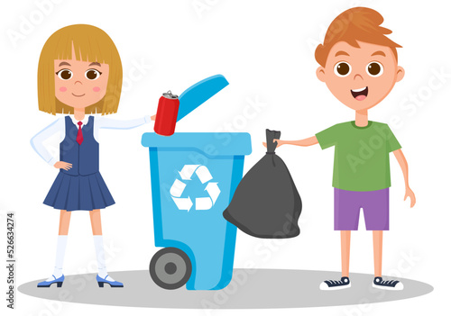 A boy and a girl throw out garbage.Careful treatment of the environment.Vector illustration.