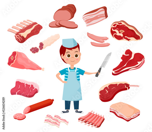 Boy and meat products.Meat products on the counter and a young seller.Vector illustration.