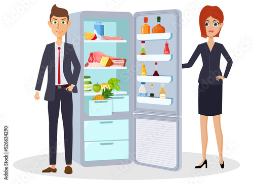 A man and a woman are standing near the refrigerator with food.An open refrigerator with food and drinks.Vector illustration.
