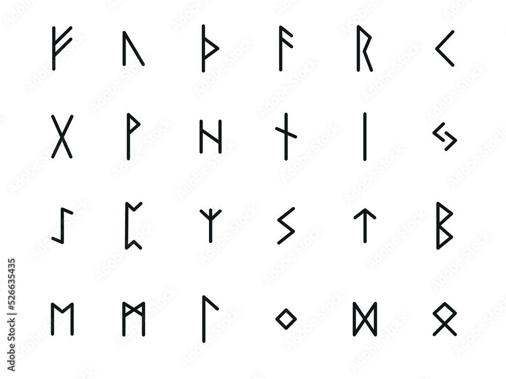 Rune alphabet. Complete collection of Rune alphabet, futhark. Writing ancient Germans. Vector Mystical symbols.
Esoteric, occult, magic illustration for Tattoos.
Rune alphabet. Complete collection of Rune alphabet, futhark. Writing ancient Germans. Vector Mystical symbols.
Esoteric, occult, magic illustration for Tattoos.