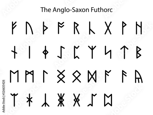 Rune alphabet. Complete collection of Rune alphabet, futhark. Writing ancient Germans. Vector Mystical symbols. Esoteric, occult, magic illustration for Tattoos. 