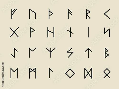 Rune alphabet. Complete collection of Rune alphabet, futhark. Writing ancient Germans. Vector Mystical symbols. 
Esoteric, occult, magic illustration for Tattoos.
