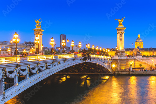 night view of Alexandre 3 Bridge in paris, france